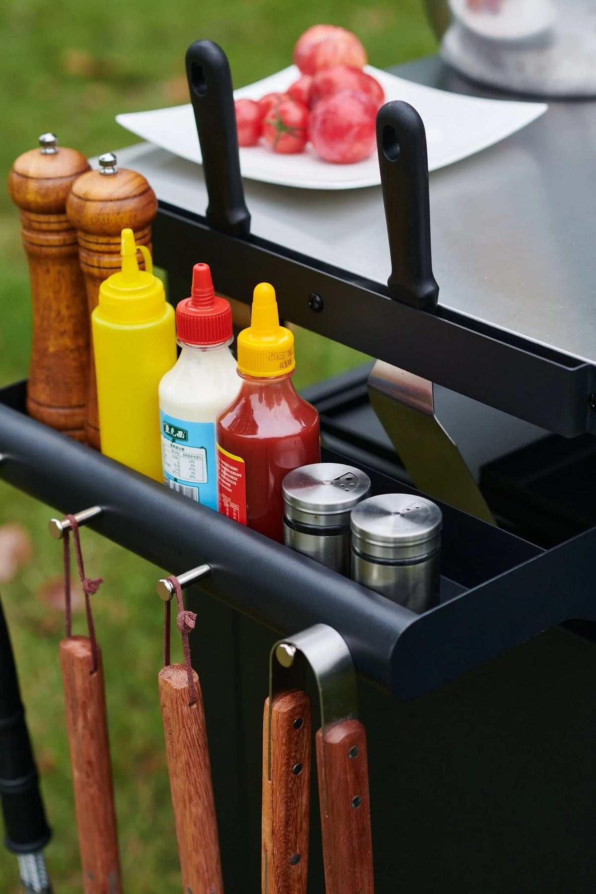 Deluxe 30IN Outdoor Rolling Grill Cook Station, Bar Table with Patio Storage Cabinet and Outdoor Dining Table, Black