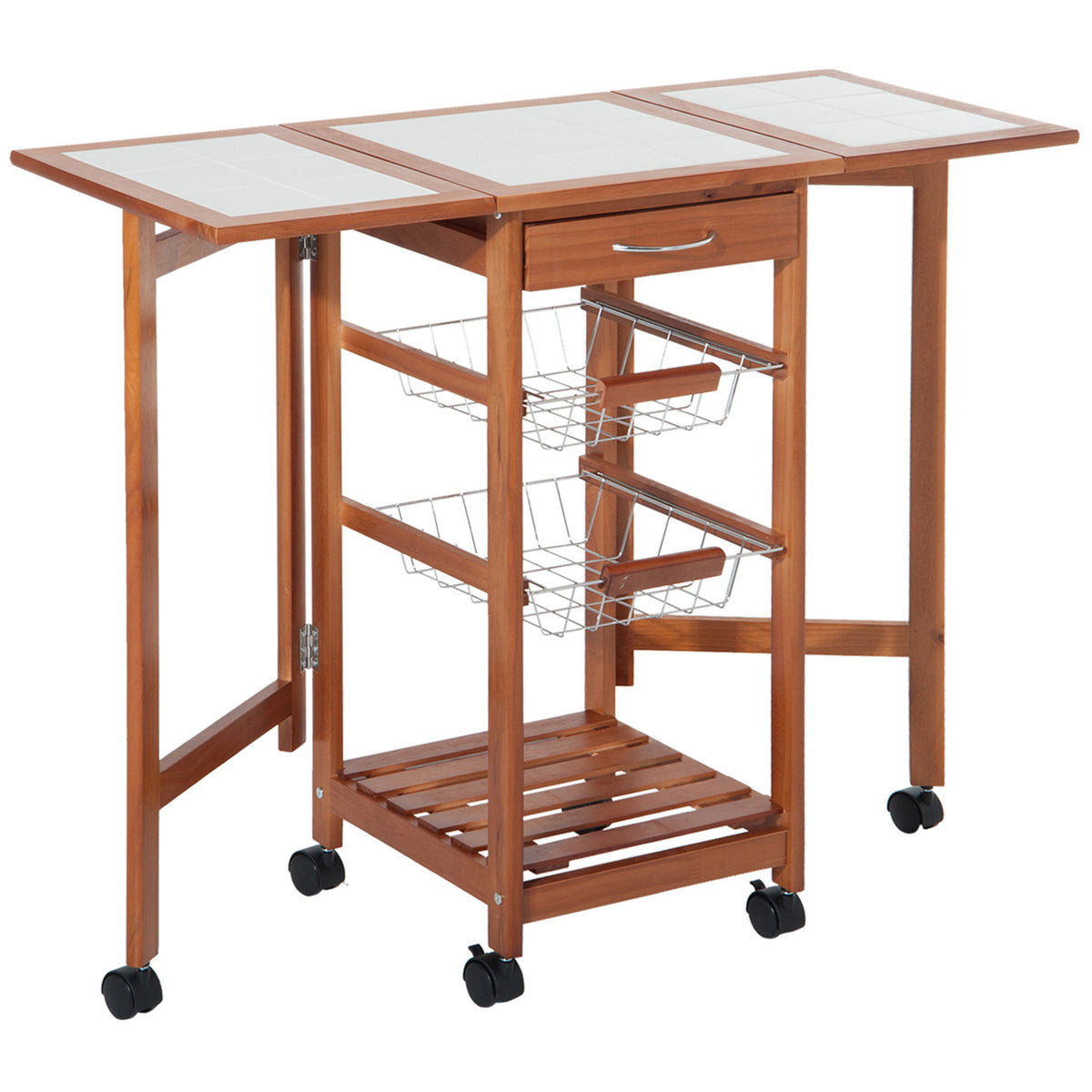 HOMCOM Servierwagen, Küchenwagen, zwei klappbare Seitenelemente, Keramikplatte, Kiefernholz, 91 x 37 x 75cm