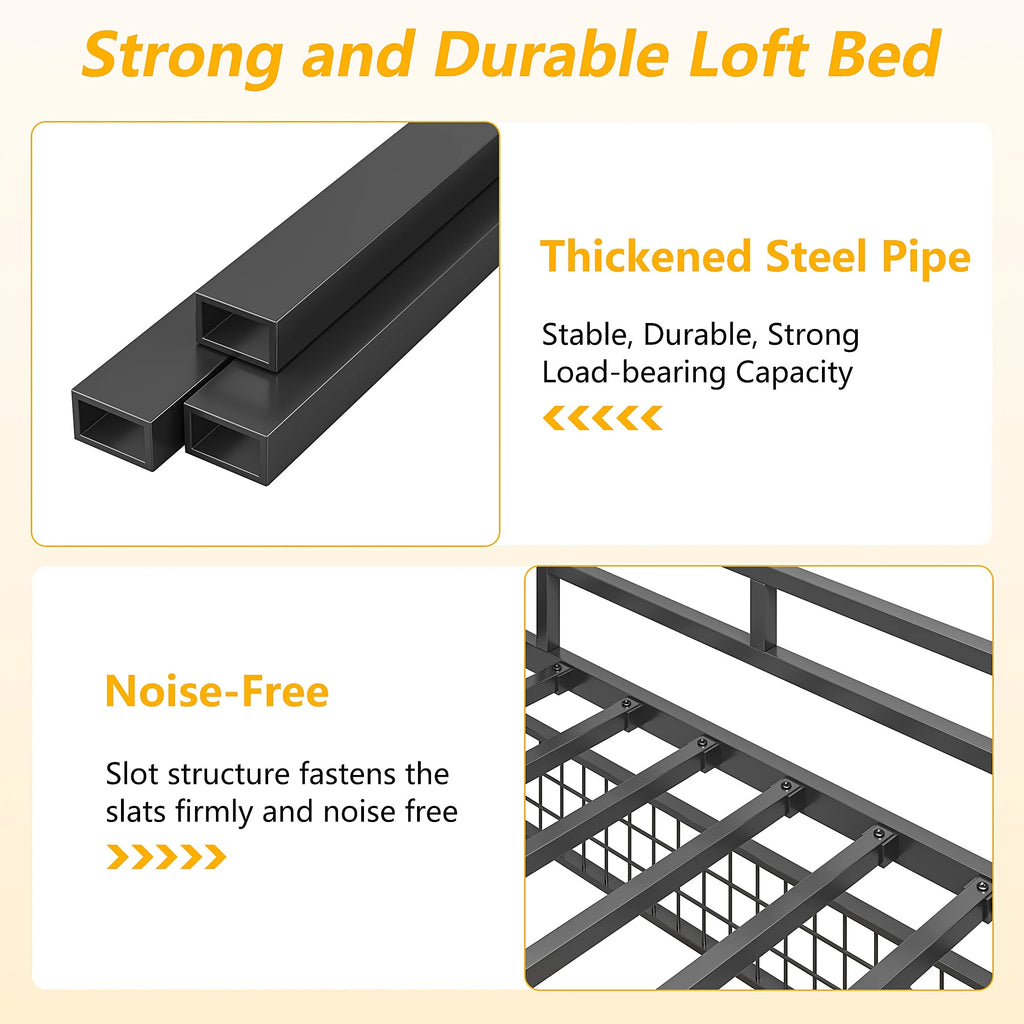 Twin Loft Bed with Desk, UHOMEPRO Metal Loft Bed with LED Lights, Charge Station, DIY Mesh, Clothes Rail, 4 Storage Shelves, Safety Rails and 2 Ladders, Loft Bed for Teen Adult, Black