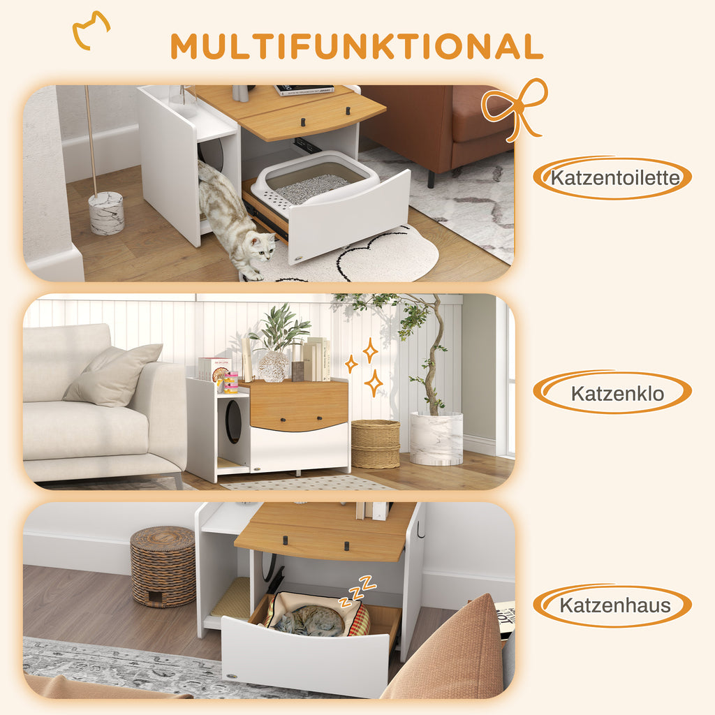 PawHut Katzentoilette, ausziehbar, Schrankdesign, Streufach, 78x50x51cm, Eiche/Weiß