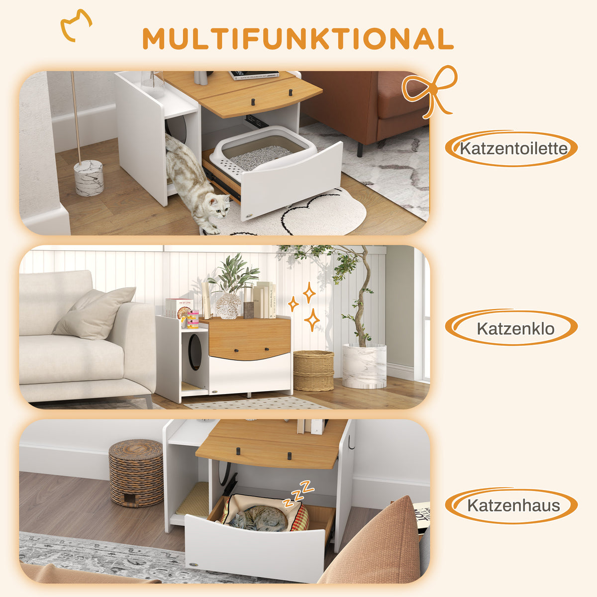 PawHut Katzentoilette, ausziehbar, Schrankdesign, Streufach, 78x50x51cm, Eiche/Weiß