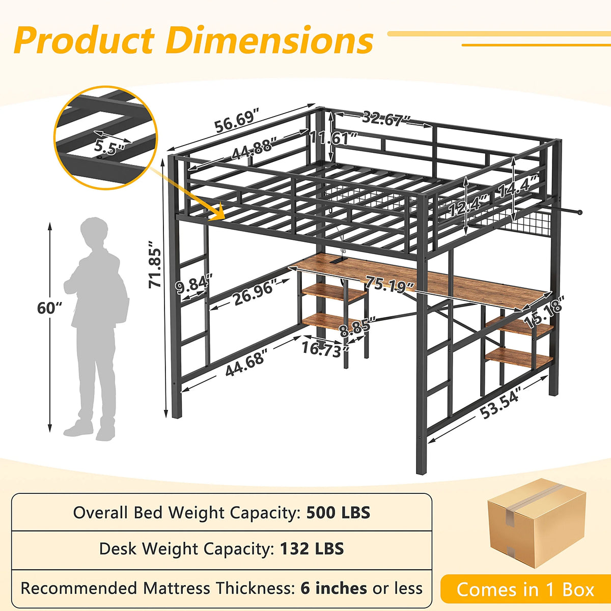 Twin Loft Bed with Desk, UHOMEPRO Metal Loft Bed with LED Lights, Charge Station, DIY Mesh, Clothes Rail, 4 Storage Shelves, Safety Rails and 2 Ladders, Loft Bed for Teen Adult, Black