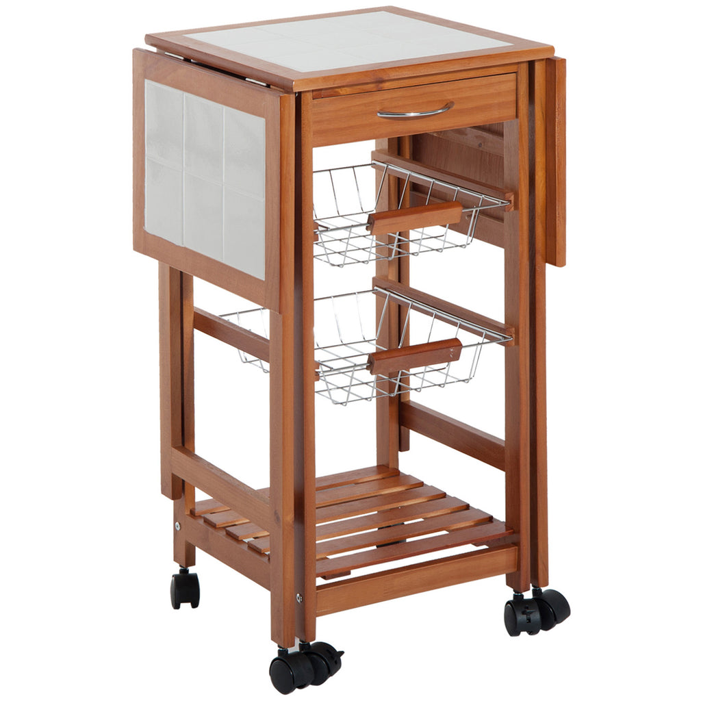 HOMCOM Servierwagen, Küchenwagen, zwei klappbare Seitenelemente, Keramikplatte, Kiefernholz, 91 x 37 x 75cm