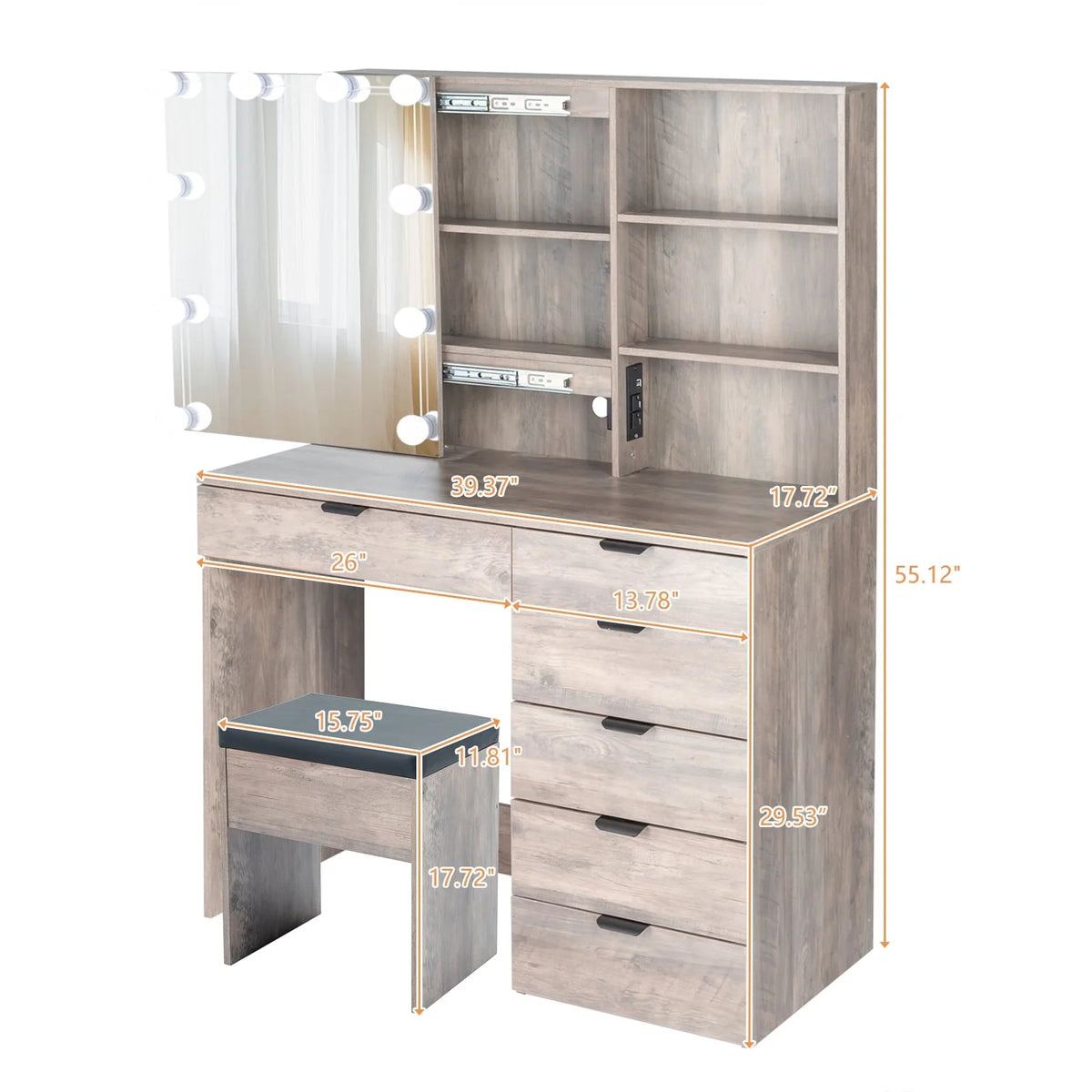 Ktaxon Vanity Set with 3 Color Lighted Mirror & Charging Station, Makeup Table with 6 Drawers, Dressing Table Makeup Desk with Stool, Retro Gray