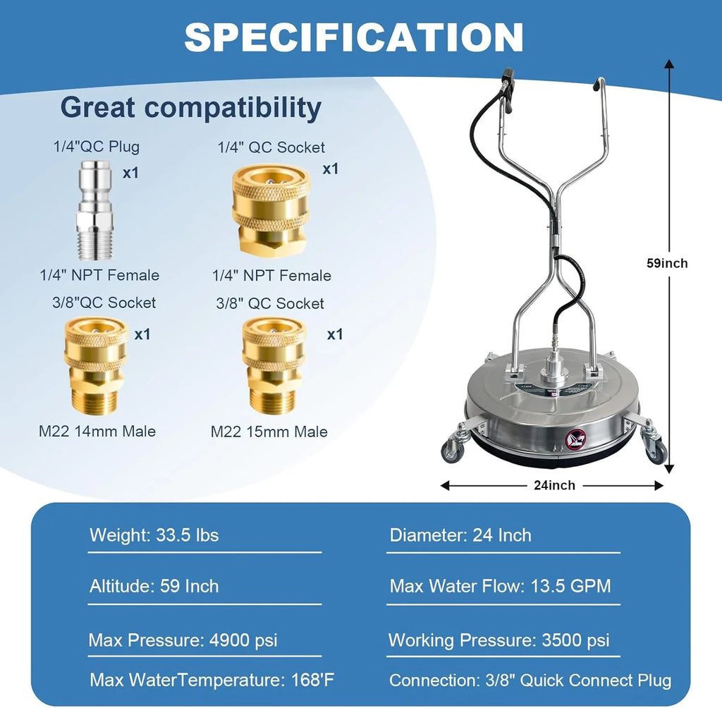 Garvee 24" Pressure Washer Surface Cleaner with Dual Handles - Stainless Steel, 4 - Wheel Design for Driveways, Sidewalks, Curbs, Decks, & Patios - 4900 PSI, High - Efficiency Cleaning Accessory