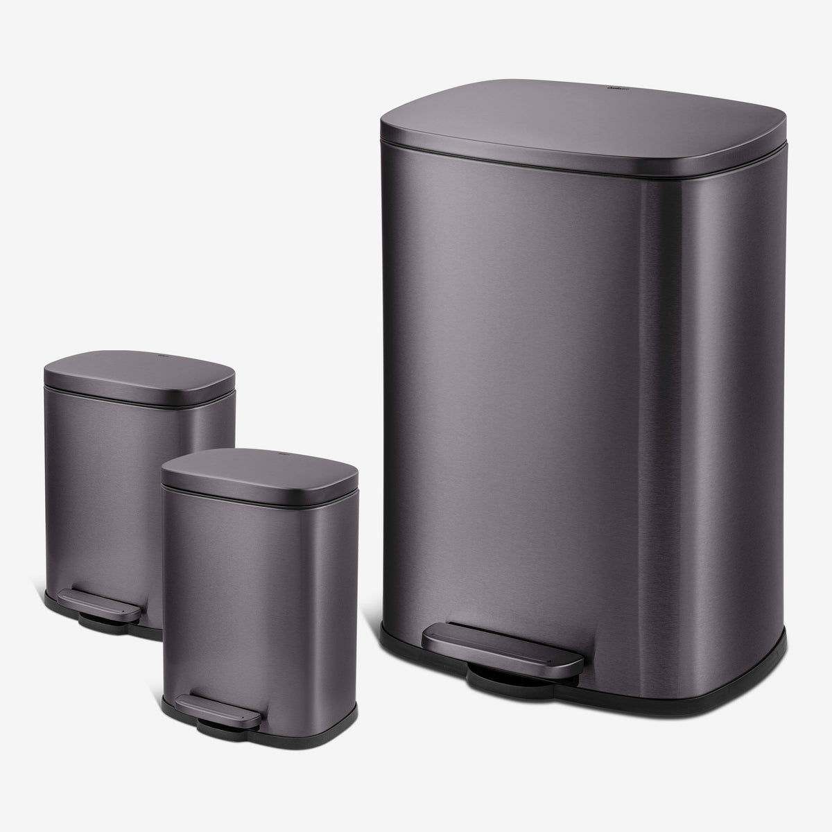 Qualiazero 13.2 Gal Rectangular Step Trash Can, Plus Two 1.3 Gal Trash Cans, Black Stainless Steel