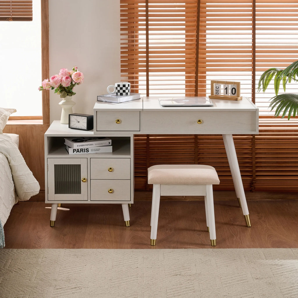 3 - in - 1 Vanity Desk with Lighted Flip - Top Mirror & Adjustable Cabinet, Makeup Dressing Table with Stool, Dresser with Drawers for Bedroom, White