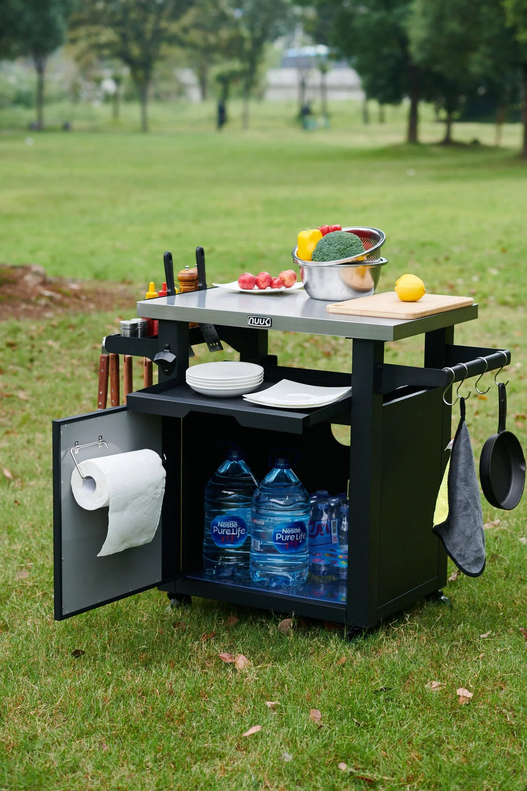 Deluxe 30IN Outdoor Rolling Grill Cook Station, Bar Table with Patio Storage Cabinet and Outdoor Dining Table, Black