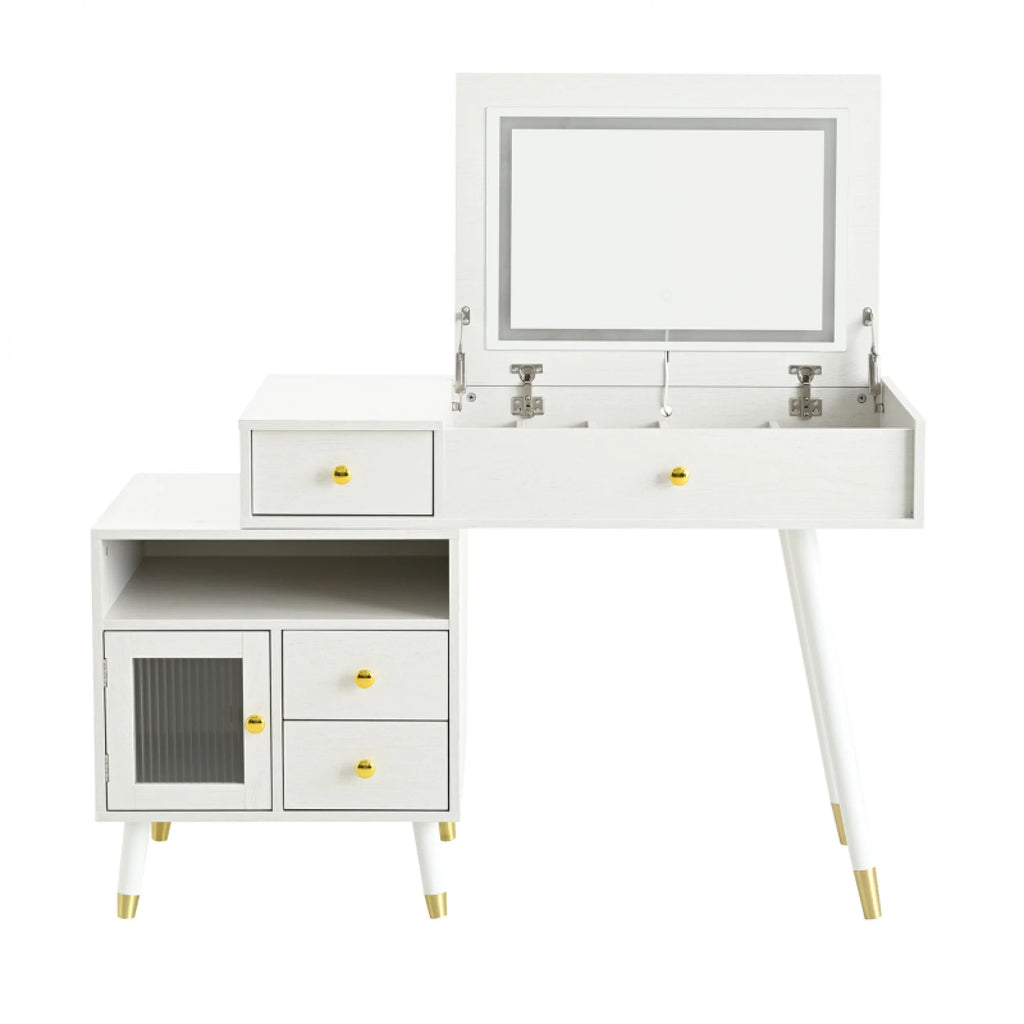 3 - in - 1 Vanity Desk with Lighted Flip - Top Mirror & Adjustable Cabinet, Makeup Dressing Table with Stool, Dresser with Drawers for Bedroom, White