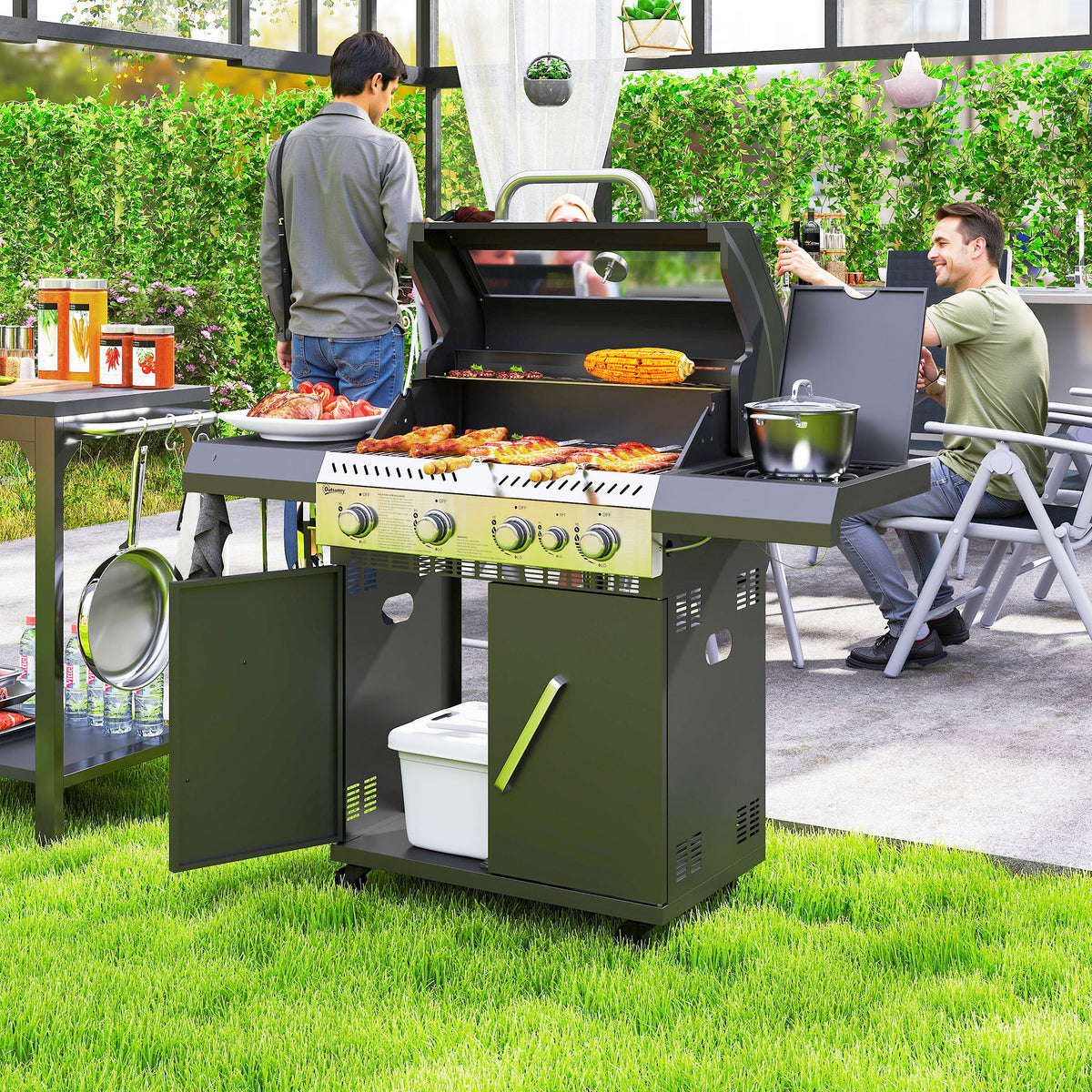 Outsunny Gasgrill 12 KW Grillwagen inkl 5 Brenner Seitenkocher Rolle Deckel Thermometer Seitenablagen 135 x 54 x 110 cm