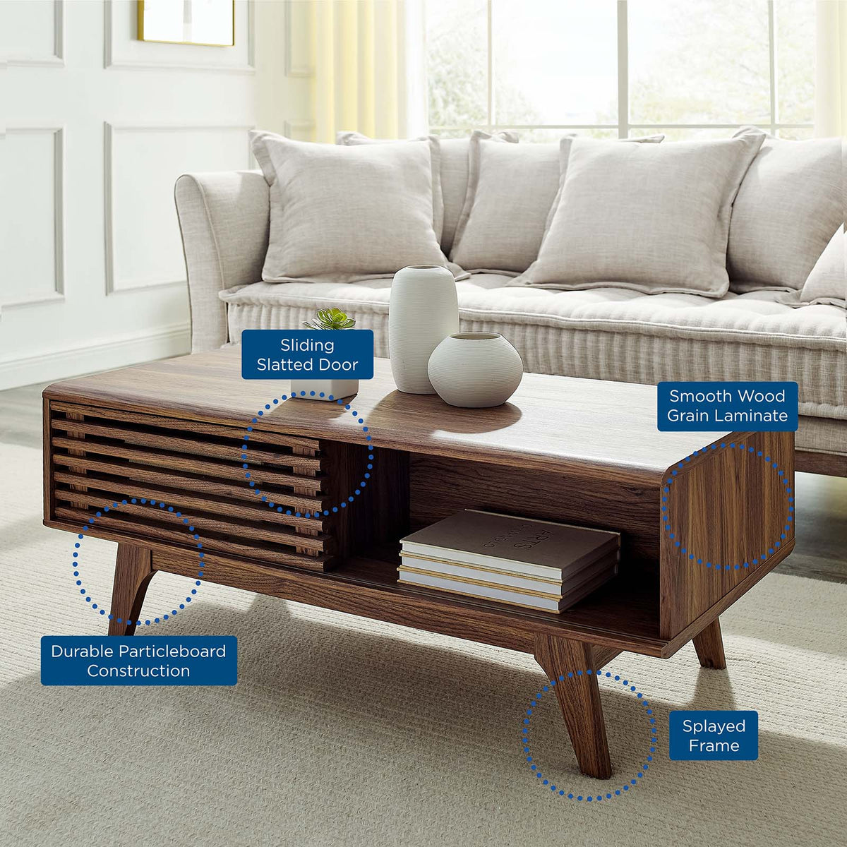 Coffee Table, Wood, Brown Walnut, Modern Contemporary Urban Design, Living Lounge Room Hotel Lobby Hospitality