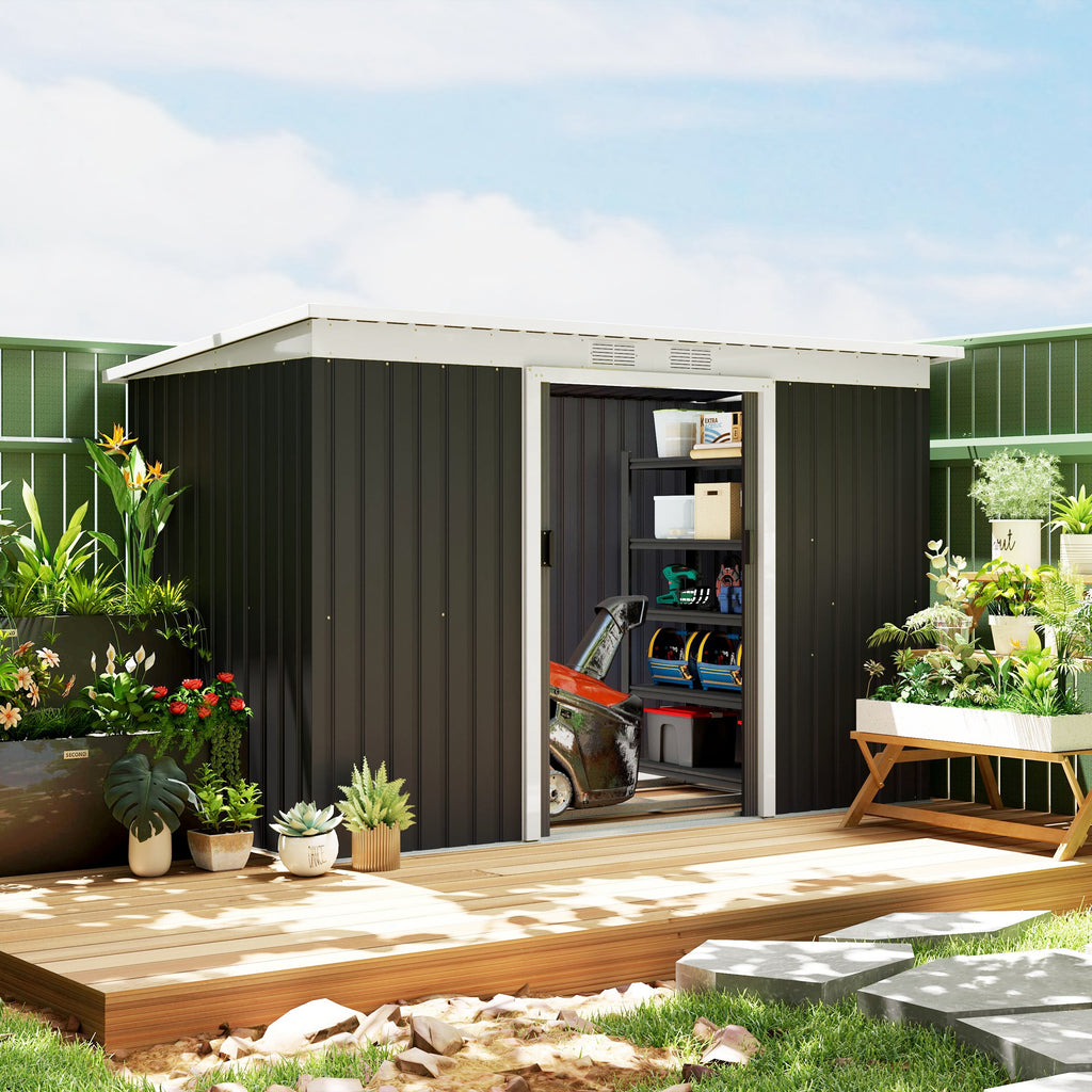 Outsunny Gerätehaus, Gartenhaus, Geräteschuppen mit Schiebetür, Lüftungsfenster, Pultdach, Outdoor, Stahl, Dunkelgrau, 280 x 130 x 172 cm