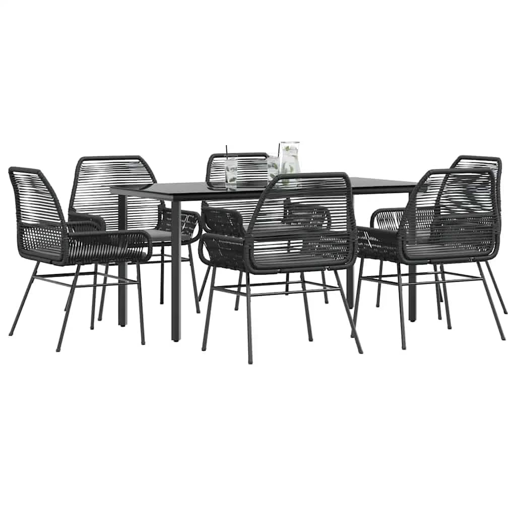 Vidaxl 7 Piece Patio Dining Set with Cushions Black Poly Rattan Glass