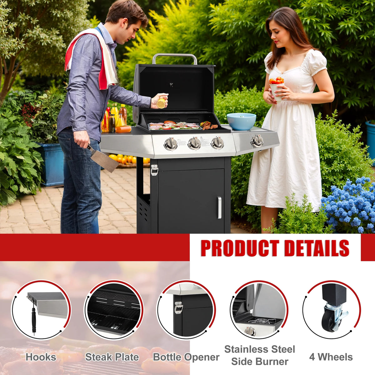 4 - Burner Gas Grill with 4 Universal Wheels & Bottle Opener, 40000BTU Outdoor Grill with Side Table for Camping, Black & Sliver