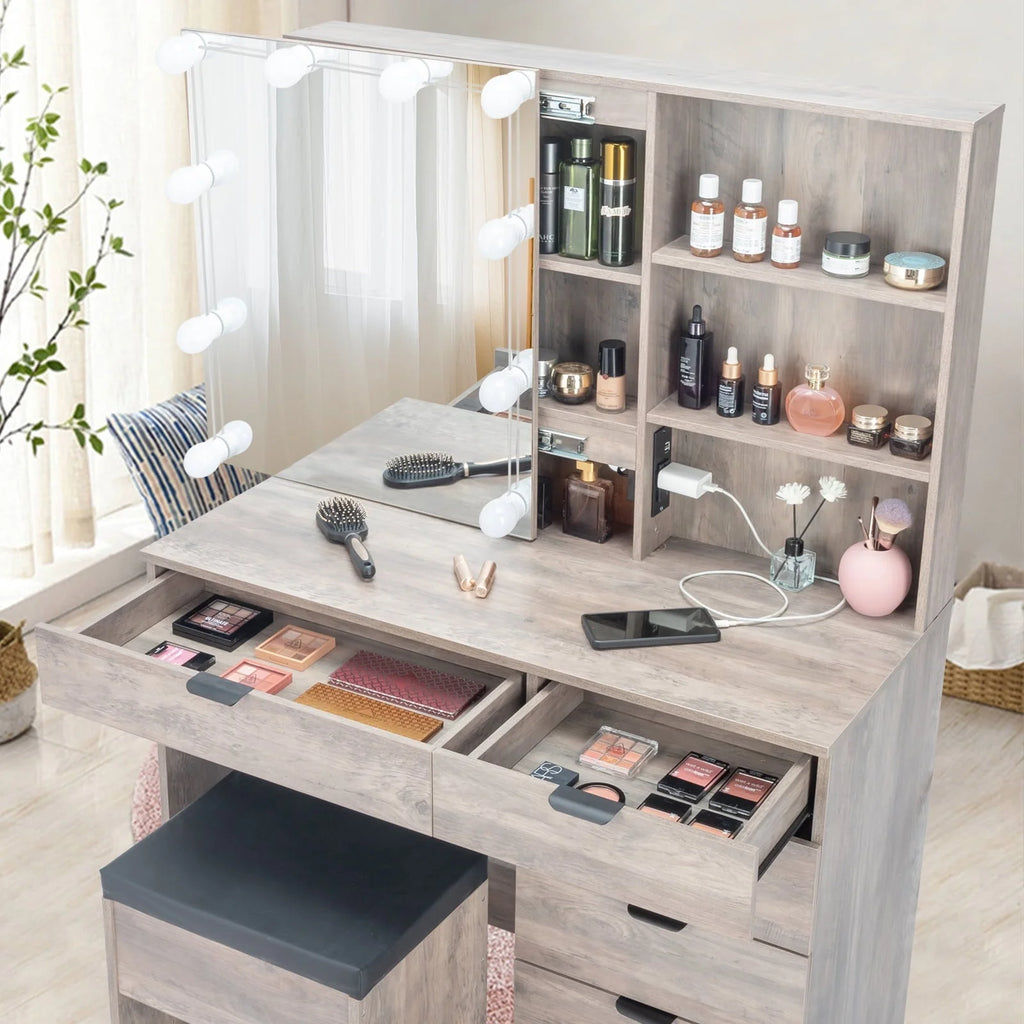 Ktaxon Vanity Set with 3 Color Lighted Mirror & Charging Station, Makeup Table with 6 Drawers, Dressing Table Makeup Desk with Stool, Retro Gray