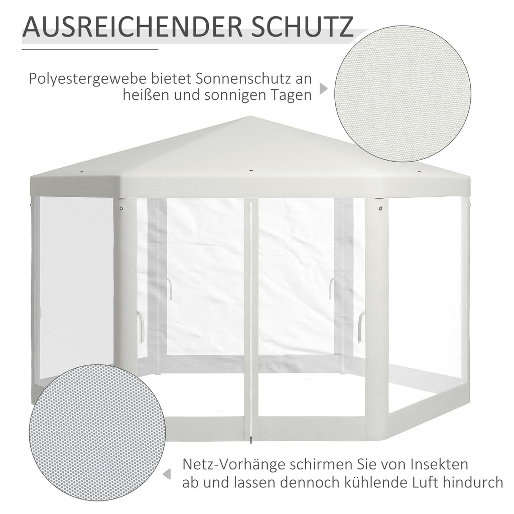 Outsunny Gartenpavillon, 6-eckig, Netzvorhänge, Metallgestell, 3,94x3,412x2,5m, Creme