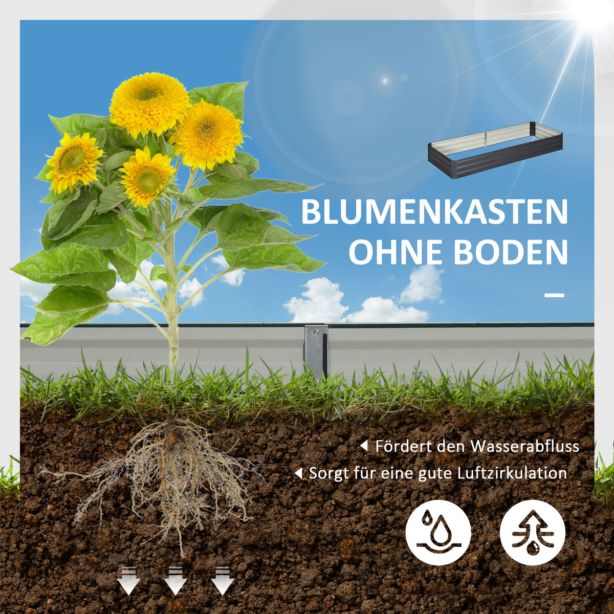 Outsunny Stahl-Hochbeet, offener Boden, einfacher Aufbau, 95L x 90,5B x 29,8H cm, Grau