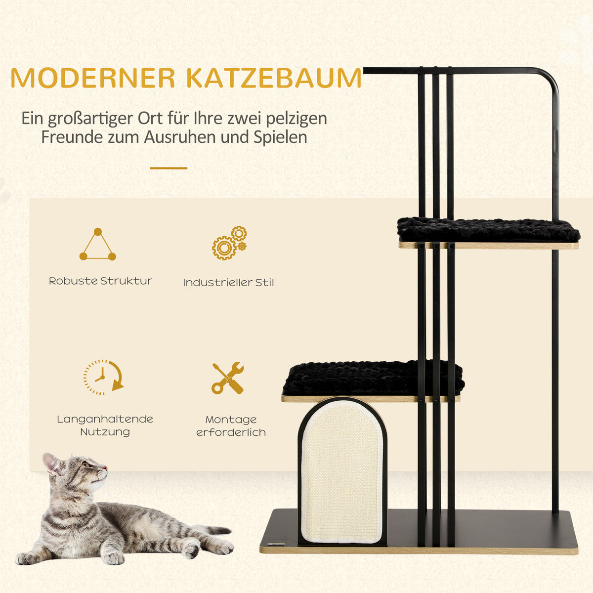 PawHut Kratzbaum, Industrial Design, 2 Plattformen, 2 Liegekissen, Kratzwand, Stahlrahmen, schwarz, 85 x 48 x 128 cm