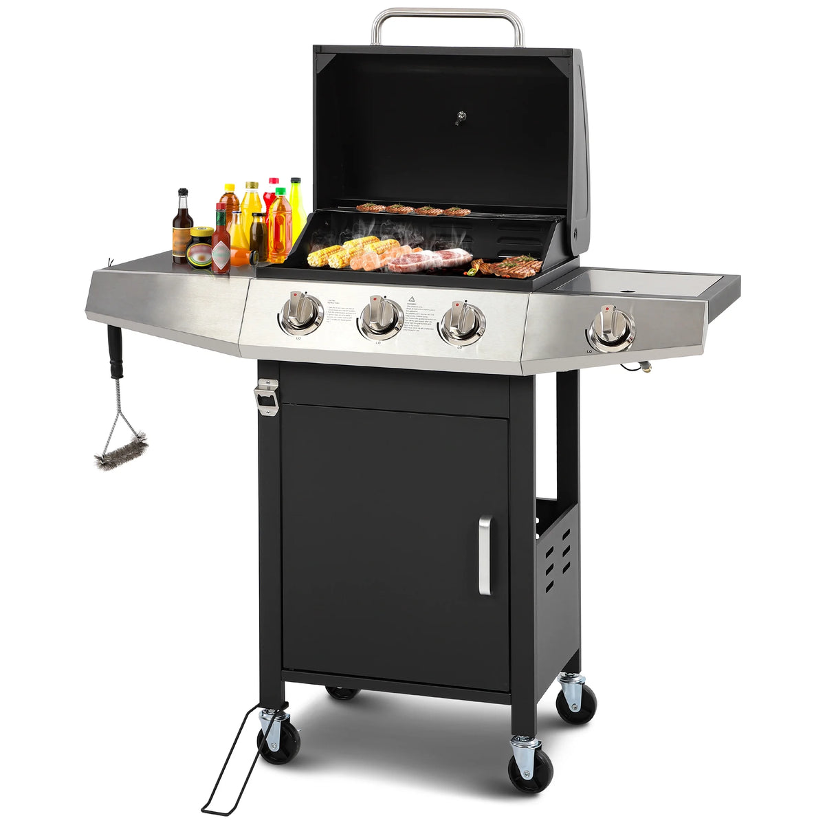 4 - Burner Gas Grill with 4 Universal Wheels & Bottle Opener, 40000BTU Outdoor Grill with Side Table for Camping, Black & Sliver