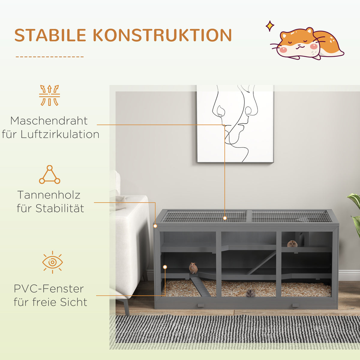 PawHut Zwerghamsterkäfig, Nagerkäfig, Kleintierbox, abschließbar, Holz, pflegeleicht, Grau
