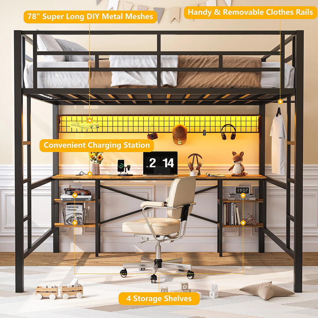 Twin Loft Bed with Desk, UHOMEPRO Metal Loft Bed with LED Lights, Charge Station, DIY Mesh, Clothes Rail, 4 Storage Shelves, Safety Rails and 2 Ladders, Loft Bed for Teen Adult, Black