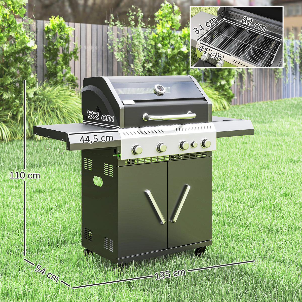 Outsunny Gasgrill 12 KW Grillwagen inkl 5 Brenner Seitenkocher Rolle Deckel Thermometer Seitenablagen 135 x 54 x 110 cm