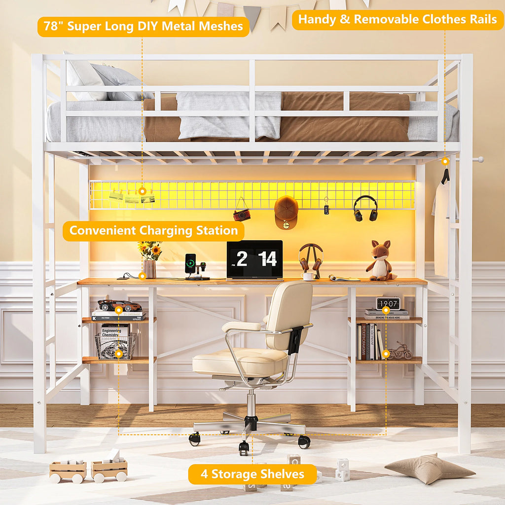 Twin Loft Bed with Desk, UHOMEPRO Metal Loft Bed with LED Lights, Charge Station, DIY Mesh, Clothes Rail, 4 Storage Shelves, Safety Rails and 2 Ladders, Loft Bed for Teen Adult, Black