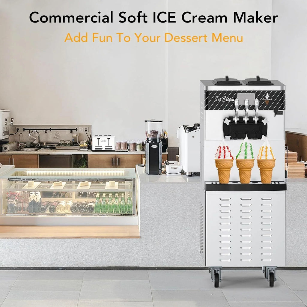 Garvee Commercial Ice Cream Machine 3 - Flavor Floor Soft Serve Yogurt Maker 5.8 - 8gal/H Yield with 2*7 L Hoppers & 2*1.8 L Cylinders