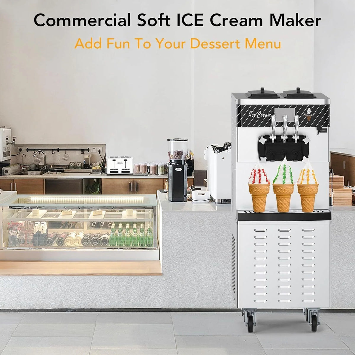 Garvee Commercial Ice Cream Machine 3 - Flavor Floor Soft Serve Yogurt Maker 5.8 - 8gal/H Yield with 2*7 L Hoppers & 2*1.8 L Cylinders