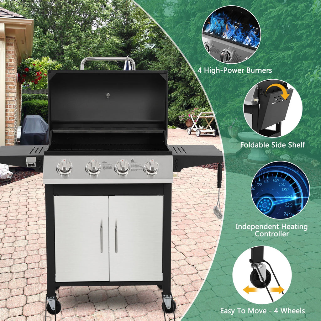 4 - Burner Gas Grill with 4 Universal Wheels & Bottle Opener, 40000BTU Outdoor Grill with Side Table for Camping, Black & Sliver