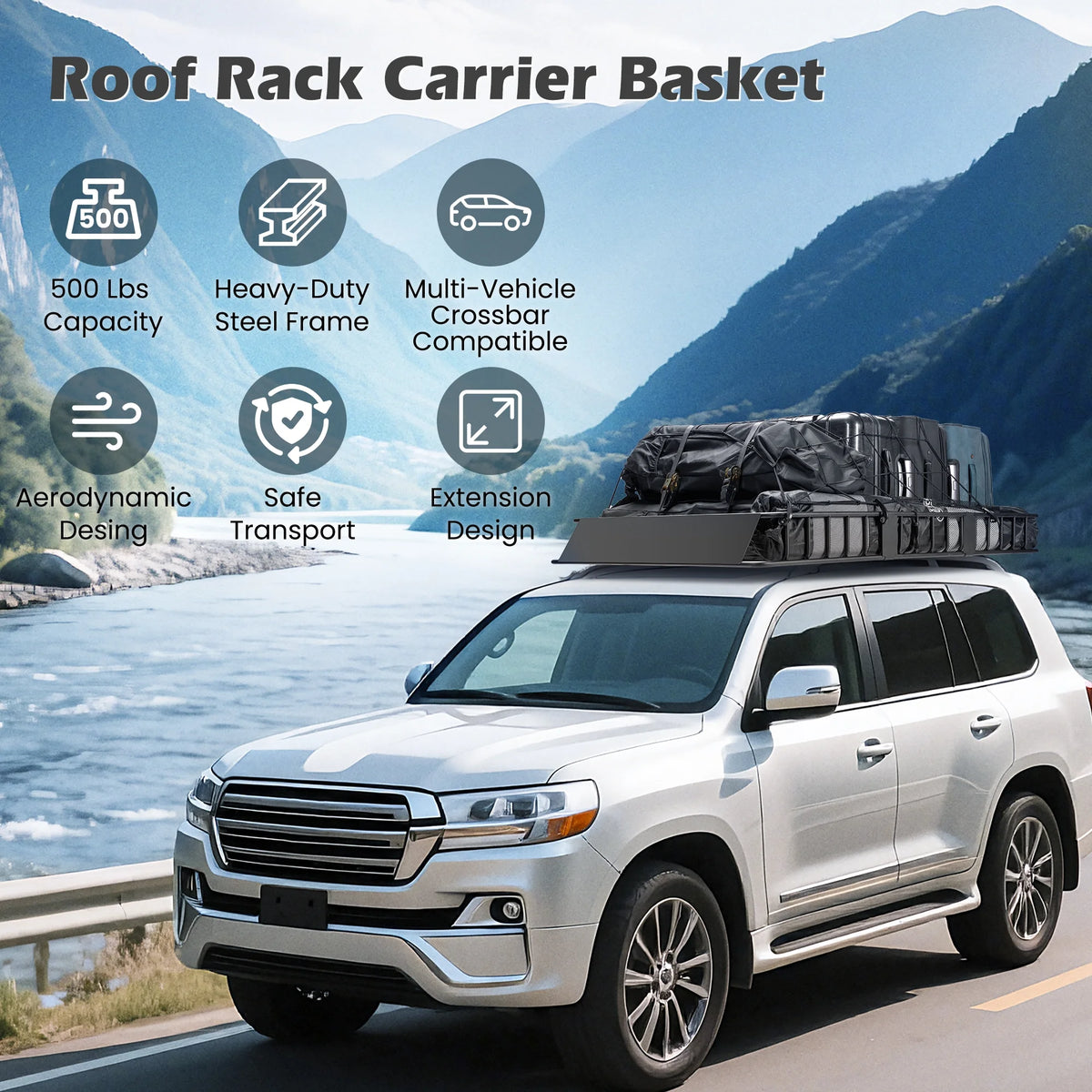 Naipo Roof Rack Cargo Basket, 500 lb, 64"x39"x6"extendable Roof Luggage Holder Rack with 4 U - Bolts for SUV/RV, Camping