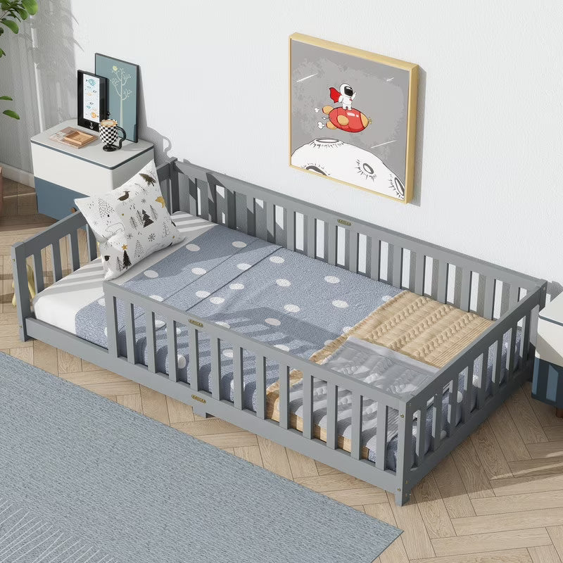 Bellemave Twin Size Floor Beds, Wood Montessori Bed with Fence Railings & Support Slats, No Box Spring Needed (Gray