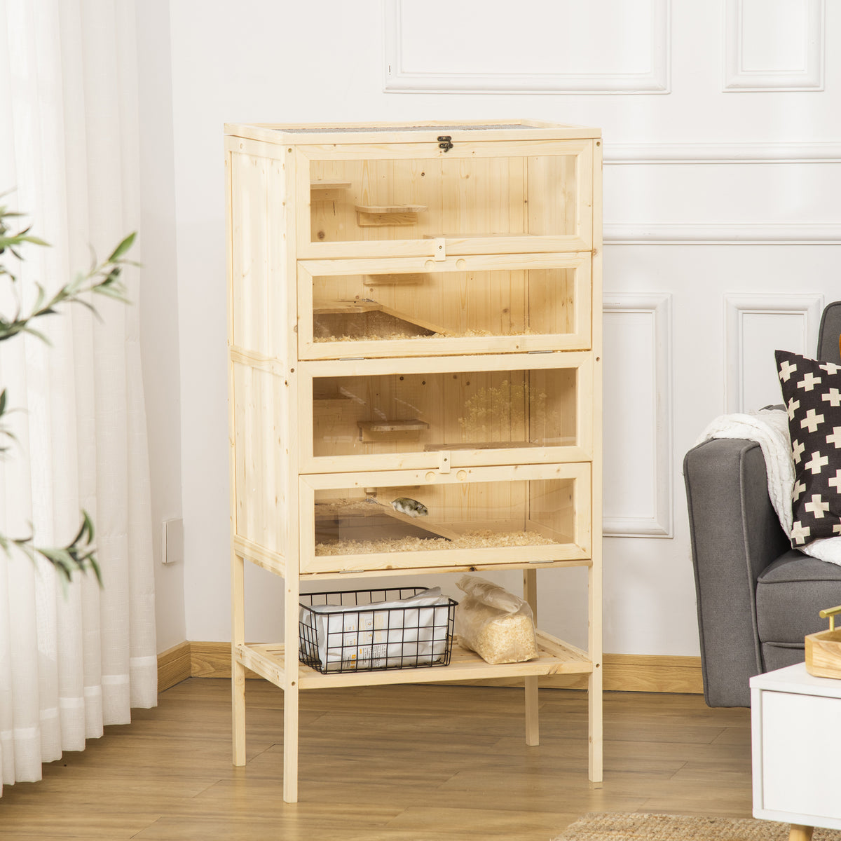 PawHut Hamsterkäfig aus Holz 5 Etagen Nagarium Nagerkäfig Kleintierkäfig mit Gitterdach Rampen, Holzkäfig Mäusekäfig groß Käfig für Hamster Zwerghamster 60 x 40 x 120 cm Naturholz
