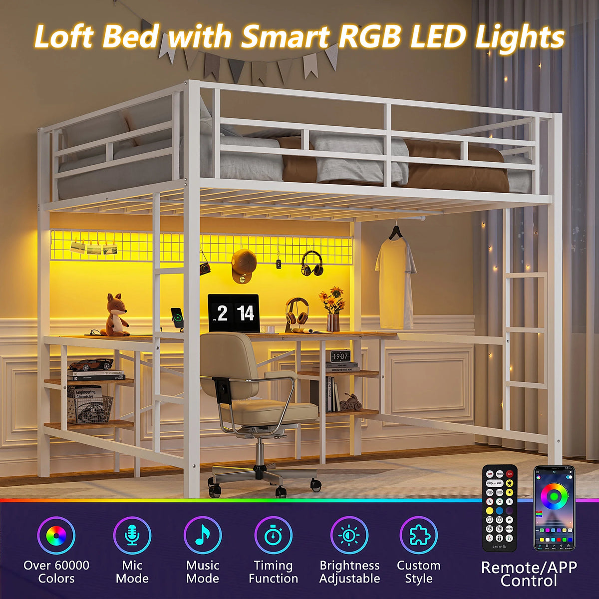 Twin Loft Bed with Desk, UHOMEPRO Metal Loft Bed with LED Lights, Charge Station, DIY Mesh, Clothes Rail, 4 Storage Shelves, Safety Rails and 2 Ladders, Loft Bed for Teen Adult, Black