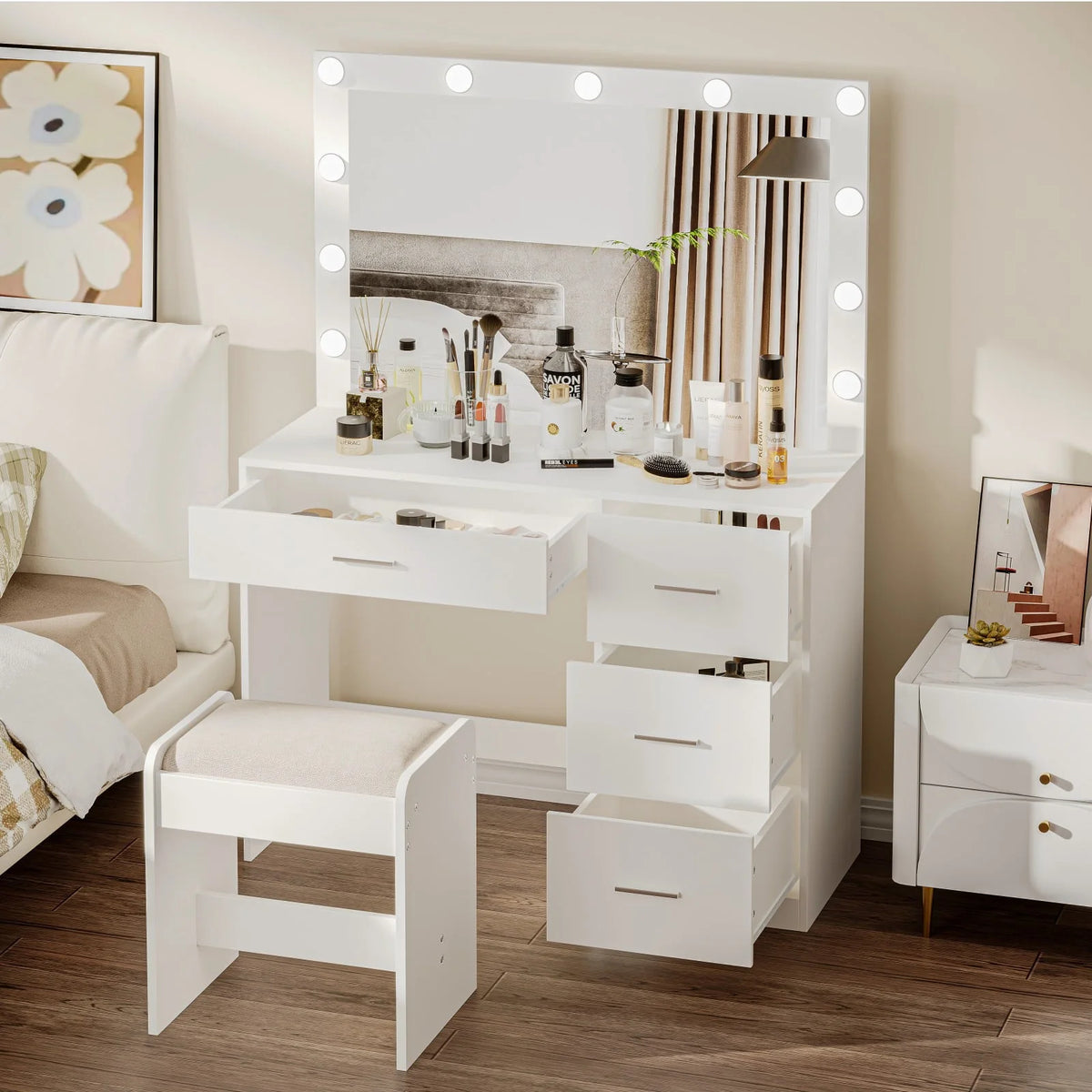 Modern Makeup Vanity Table with Lights, Vanity Desk with Mirror, 4 Drawers, Dressing Table, White