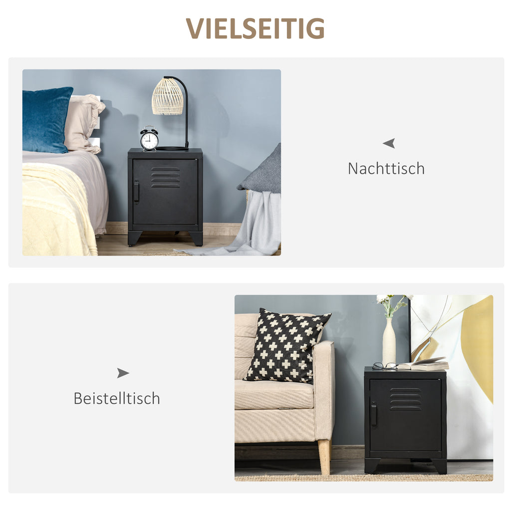 HOMCOM Nachttisch, Beistelltisch mit verstellbarem Regal, Tür, Nachtschrank für Schlafzimmer, Wohnzimmer, Metall, Schwarz, 50 x 40 x 47,5 cm
