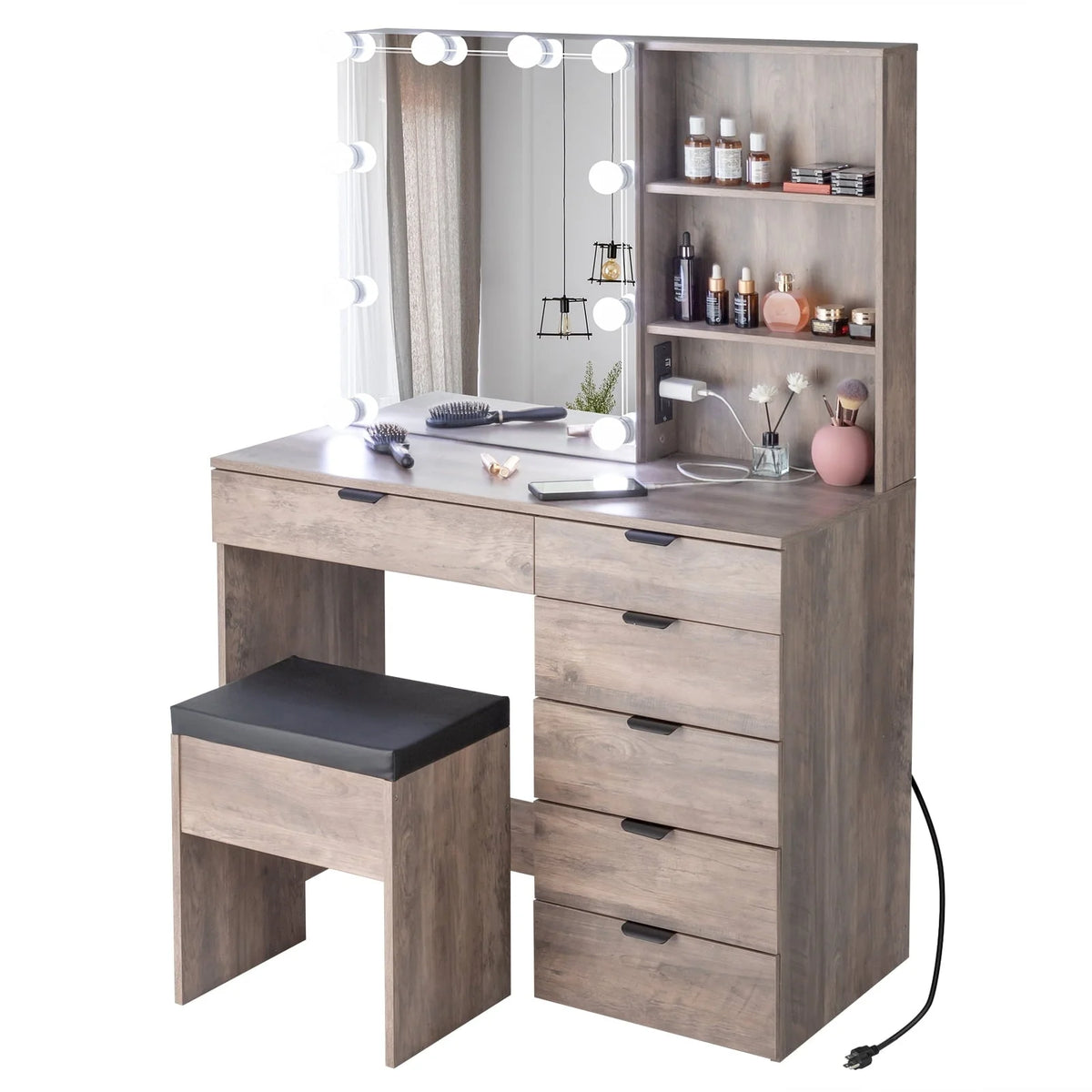 Ktaxon Vanity Set with 3 Color Lighted Mirror & Charging Station, Makeup Table with 6 Drawers, Dressing Table Makeup Desk with Stool, Retro Gray