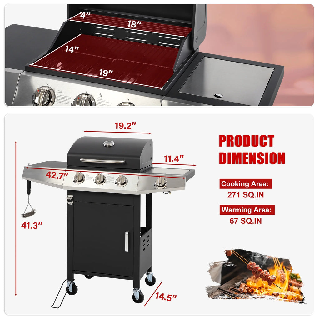 4 - Burner Gas Grill with 4 Universal Wheels & Bottle Opener, 40000BTU Outdoor Grill with Side Table for Camping, Black & Sliver