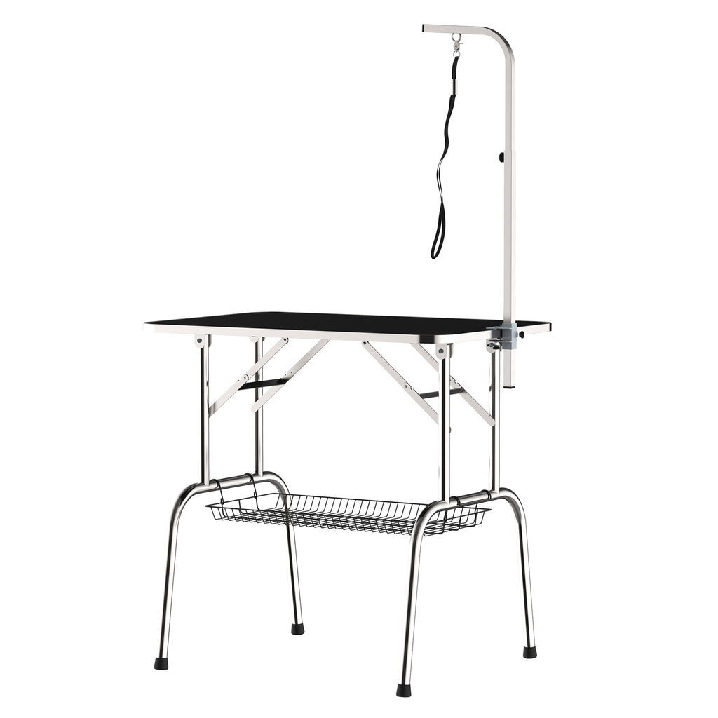 PawHut Trimmtisch Tierpflegetisch Schertisch mit Korb Hundepflegetisch klappbar Hundefriseurtisch Hunde Badetisch höhenverstellbar Edelstahl Schwarz