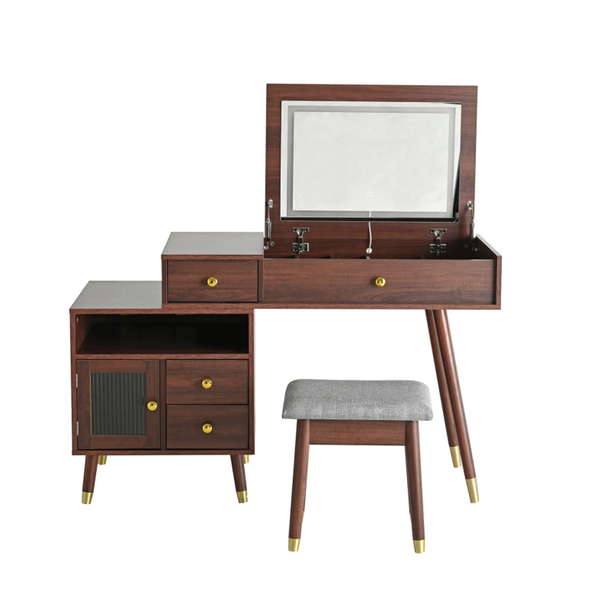 3 - in - 1 Vanity Desk with Lighted Flip - Top Mirror & Adjustable Cabinet, Makeup Dressing Table with Stool, Dresser with Drawers for Bedroom, White