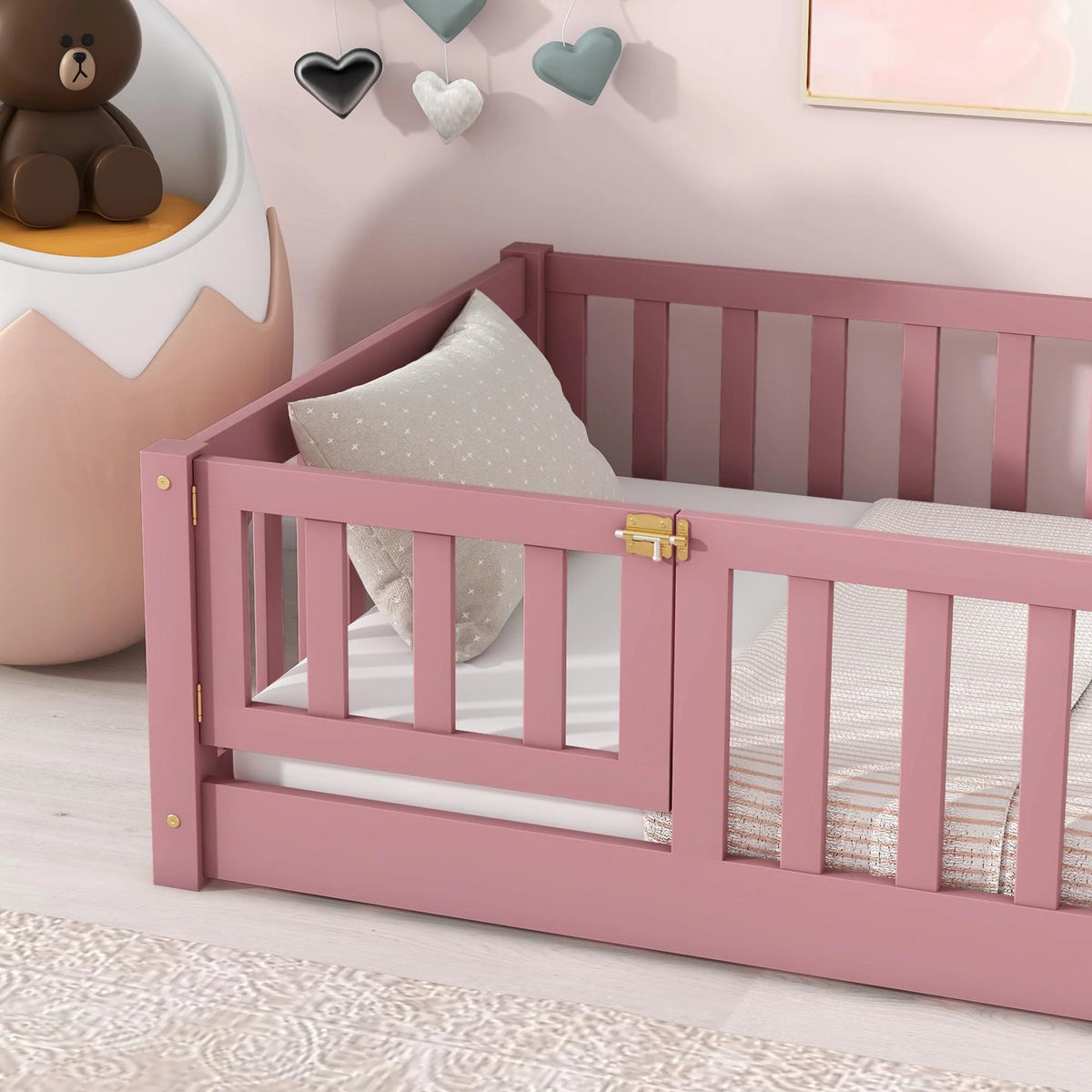 Bellemave Twin Size Floor Beds, Wood Montessori Bed with Fence Railings & Support Slats, No Box Spring Needed (Gray