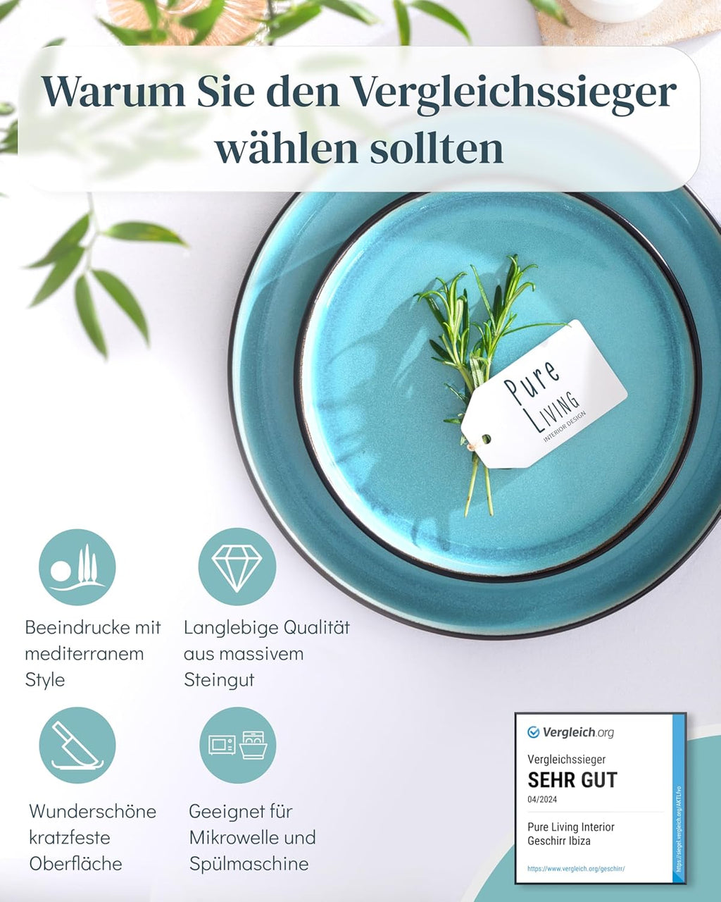 Ibiza 48-teiliges Steingut Geschirrset für 12 Personen, Aquamarin & Mattschwarz, Spülmaschinenfest