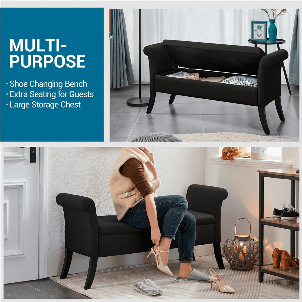 SMILE MART Modern Fabric Tufted Storage Bench with Rolled Arms for Home, Black