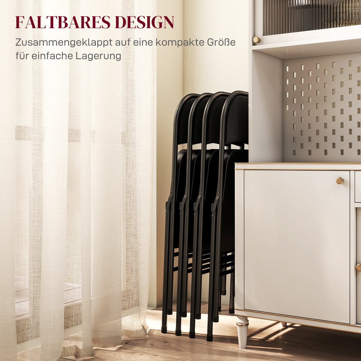 HOMCOM 4er-Set Klappstühle, Tragbare Bürostühle, Metallbeine, Faltstuhl für Büro, Empfang, Wartezimmer, Leinenoptik, Schwarz