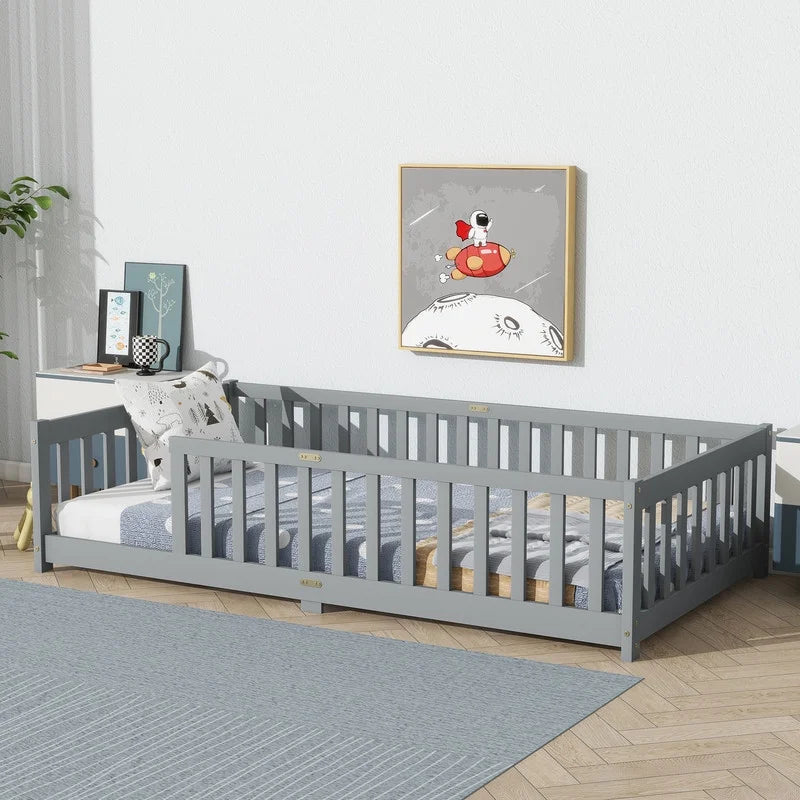 Bellemave Twin Size Floor Beds, Wood Montessori Bed with Fence Railings & Support Slats, No Box Spring Needed (Gray