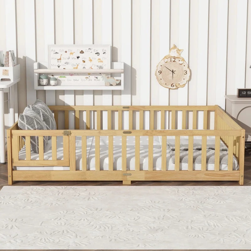 Bellemave Twin Size Floor Beds, Wood Montessori Bed with Fence Railings & Support Slats, No Box Spring Needed (Gray