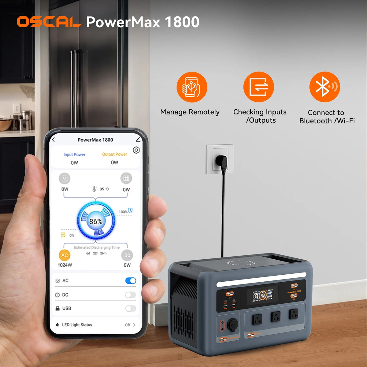 OSCAL Powermax 1800 Solar Generator with 200W Solar Panels, 1024wh LiFePO4 Battery, 1800W (3200W Surge) Portable Power Station, 700W Fast AC Charging, APP Control, 11 Outlets for Home, RV & Camping