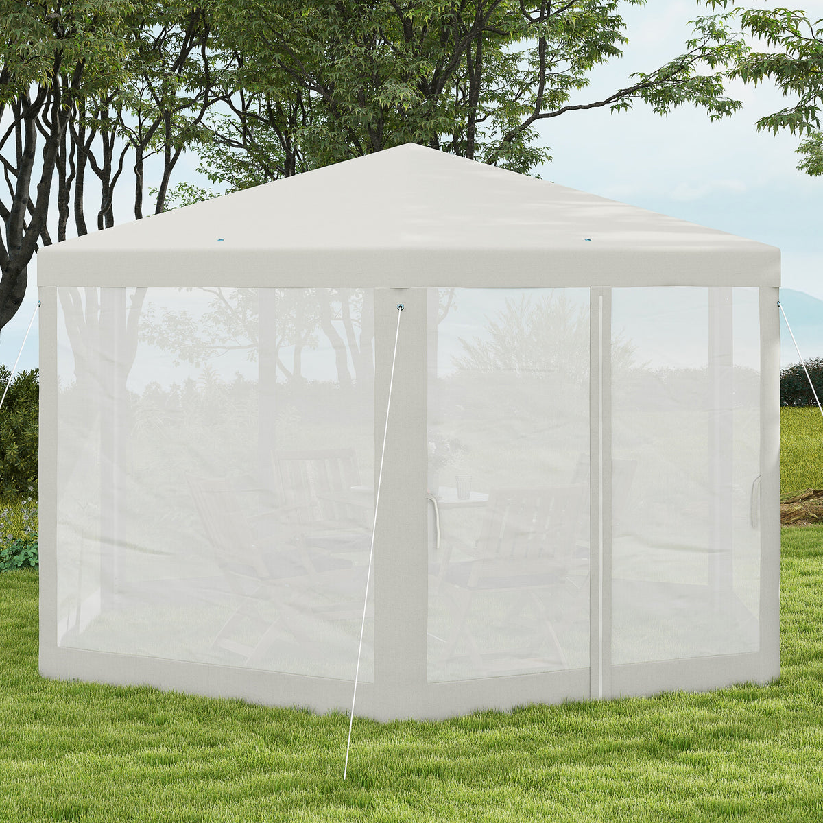 Outsunny Gartenpavillon, 6-eckig, Netzvorhänge, Metallgestell, 3,94x3,412x2,5m, Creme