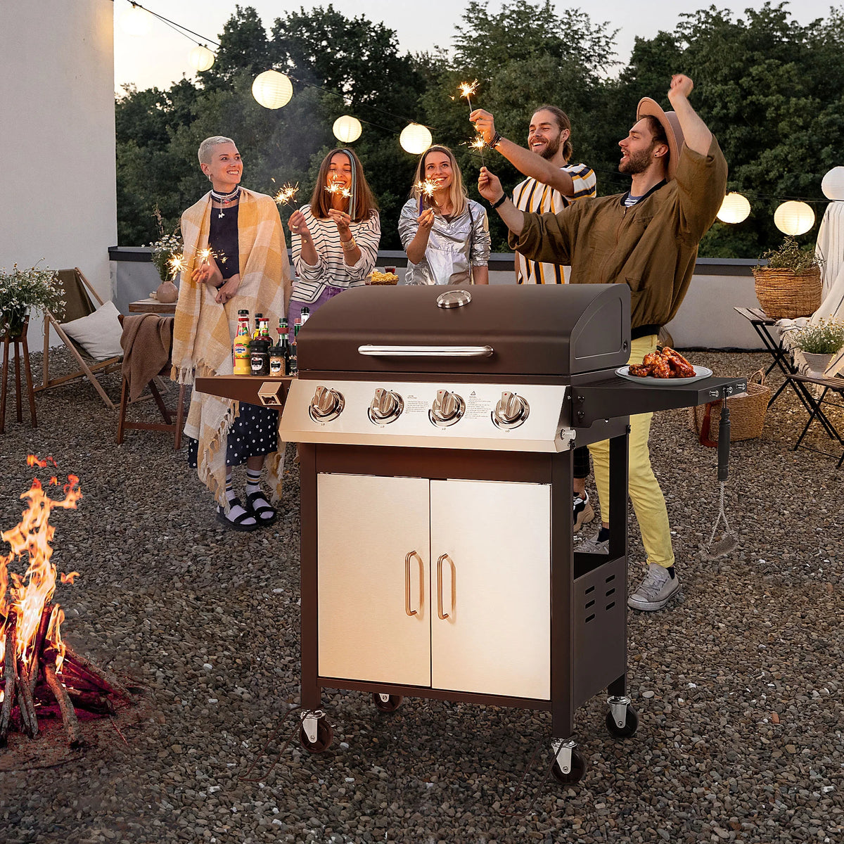 4 - Burner Gas Grill with 4 Universal Wheels & Bottle Opener, 40000BTU Outdoor Grill with Side Table for Camping, Black & Sliver