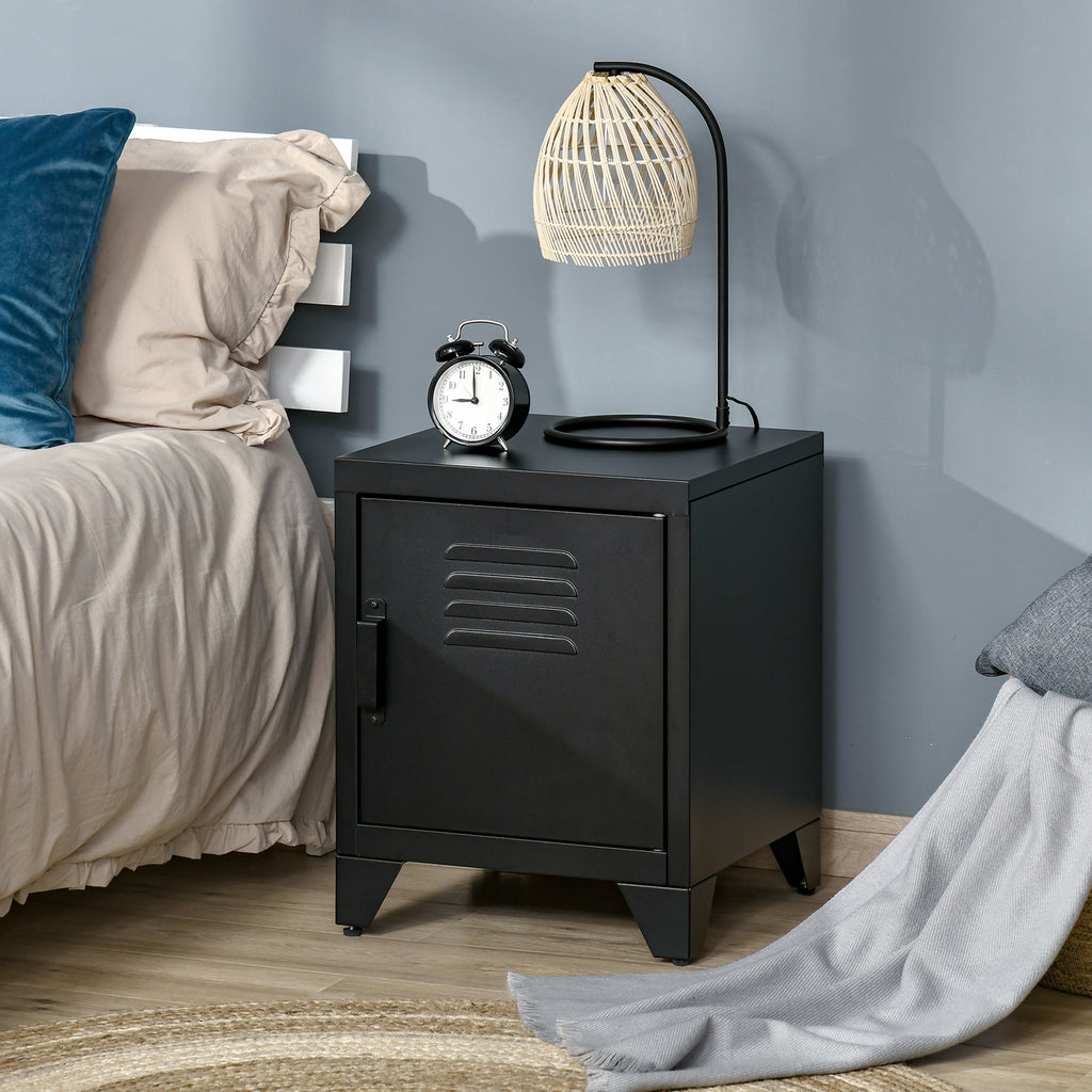 HOMCOM Nachttisch, Beistelltisch mit verstellbarem Regal, Tür, Nachtschrank für Schlafzimmer, Wohnzimmer, Metall, Schwarz, 50 x 40 x 47,5 cm